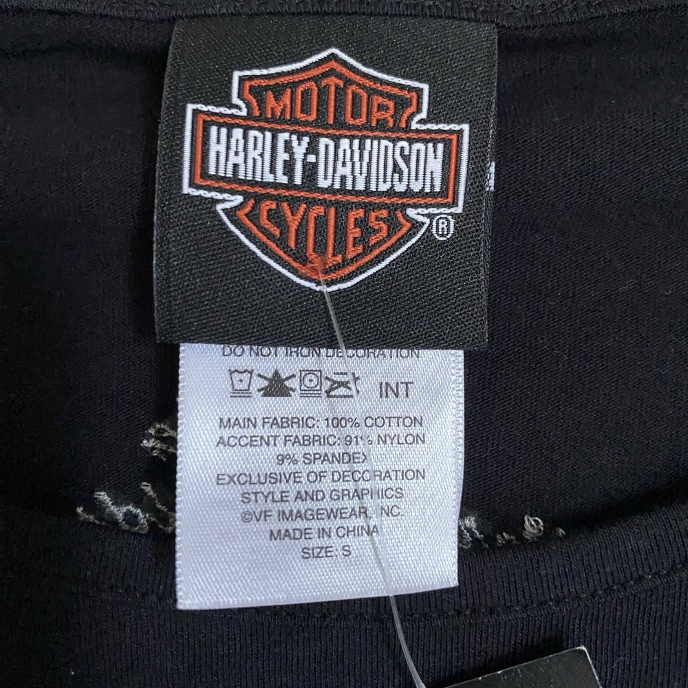 Harley-Davidson Top T-Shirt S Black Graphic Print Lace Sleeves Dark Romantic - Picture 8 of 11
